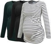 Smallshow Women's Maternity Tops Tunic T Shirts Long Sleeve Pregnancy Clothes 3-pack, Black-deep Green-white Stripe(3 Packs), Medium