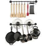 Wall Mount Steel 24 Inch Kitchen Rail Rack Rod with 20 S-Hooks for Cookware Utensil Oganizer Aprons Oven Mitt and Gloves Set of 2 Black