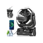 Misting Camping Fan 20000mAh - 120H Runtime Rechargeable Battery Powered Fan with LED Light | 270° Pivot, Hook, Remote & Timer | Portable Tent Fan for Camping, RV, Hurricane Prep, BBQ - Black