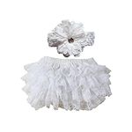 EQLEF Ruffle Bloomers Lace Nappy Cover Frilled Knickers Girls Headband Set for Baby Photography Prop Costume (White)