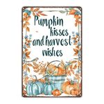 Pumpkin Kisses and Harvest Wishes Metal Tin Sign Fall Decorations for Home Kitchen Farmhouse Porch Thanksgiving Party Wall Decor 8x12 inch