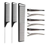 Rat Tail Combs Set, 3 Pack Barber Styling Combs Hairdressing Comb Wide and Fine Tooth Comb Carbon Fiber and Stainless Steel Pintail Comb with 6 Metal Alligator Curl Clips for Women Girls by RuiChy