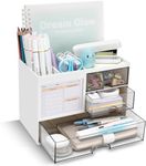 House of Quirk Polypropylene, Polystyrene Desk Organizer With 3 Drawer, Multi-Functional Pencil Pen Holder For Desk, Desk Organizers And Storage With 5 Compartments, Desktop Organizer (White)