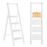 JOISCOPE 4 Step Ladder, Iron Folding Step Ladder with Handgrip Anti-Slip Sturdy and Wide Pedal Multi-Use for Household and Office, 600 Lbs Capacity, White