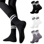 Non Slip Yoga Socks for Women Anti-skid Long Socks for Yoga, Barre, Ballet, Dance, Barefoot Workout Gym-3 Pairs (Cotton, Black+White+Gray)