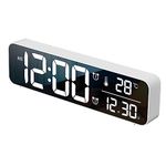 ALANAS Large Alarm Clock with Date/Temperature Display, Dual Alarms with Classic Music Ring, 5 Level Dimmer, Plug in Electronic Alarm Clock for Bedroom. (White+White)