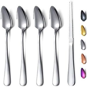 Grapefruit Spoons 5 Pieces Set, 4 Stainless Steel Grapefruit Spoon And 1 Grapefruit knife With Titanium Plating, Grapefruit Utensil Set, Serrated Edges Spoon pack of 5 (Silver)