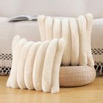 Madizz Plush Faux Fur Throw Pillow Covers 18x18 inch, 45x45 cm Beige Set of 2 Fluffy Striped Soft Decorative Cushion Cover for Sofa Bedroom Pillow Shell