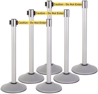 US Weight Premium Silver Steel Stanchion with 7.5-Foot Retractable Caution Belt - 6PK - Easy-Connect Assembly Requires No Tools