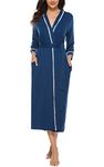 Vlazom Womens Dressing Gown Soft Kimono Robe V-Neck Long Knit Bathrobe Nightwear Sleepwear for All Seasons, Style A-Dark Blue, XL