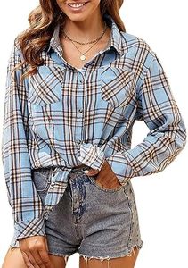 WARHORSEE Plaid Flannel Shirts for Women Long Sleeve, Loose Fit Womens Casual Flannels Button Down Shirts Blouses Tops,Blue/Yellow,XXL