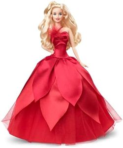 Barbie - Barbie Signature Magia delle Feste 2022 bambola bionda, capelli ondulati, abito rosso con ampia gonna e orecchini pendenti, da collezione, Giocattolo e regalo per Bambini 6+ Anni, HBY03
