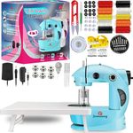 Mini Sewing Machine-Electric Sewing Machine with table set and light tailoring clothes stitching silai machine small portable Hand sewing machine for home carfts (BLUE)