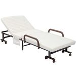 HOMCOM Folding Bed with Mattress, Single Guest Bed, Portable Fold Bed with Adjustable Backrest, Metal Frame on Wheels, White, 190 x 76 cm