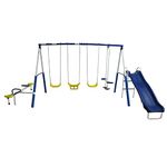 XDP Recreation Playground Galore Kids Outdoor Backyard Playground Set with Glider, Slide, 3 Swings, and Seesaw for Ages 3 to 8 Years, Blue/White