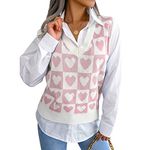 Betrodi Women Valentine's Day Sweater Vest Sleeveless Love Heart Checkered Crop Tank Top Knitted V Neck Pullover Top (Pink, M)