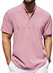 COOFANDY Men's Henley Shirt Short Sleeve Band Collar Summer Beach Hippie Shirts Casual Button Down Shirts Pink