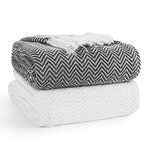 EHC PAIR Pack Chevron Cotton Throws for Sofa, Chair Blanket 127 x 152cm (Pack of 2) - Ivory/Black