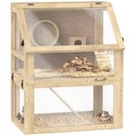 PawHut Wooden Hamster Cage, 3 Tier Gerbil Cage with Detachable 32cm Deep Bottom, Hut, Seesaw, Exercise Wheel, Ramps, 60 x 40 x 75cm, Natural Wood Finish