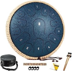 HOPWELL Steel Tongue Drum - 13 Inches 15 Notes Tongue Drum - Hand Pan Drum with Music Book, Handpan Drum Mallets and Carry Bag, D Major (Navy Blue)