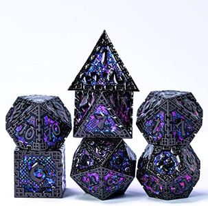 Cusdie Metal Dice Set, 7 Pcs DND Metal Dice, Dragon Scale Polyhedral Dice Set, for TTRPG Role Playing Game D&D Dice (Black with Purple Blue Glitters)