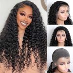 Deep Wave Lace Front Wigs Human Hair 200% Density Deep Wave Full Frontal Wigs Human Hair 13x4 HD Lace 24Inch Curly Wigs Human Hair Pre Plucked with Baby Hair Curly Lace Front Wig