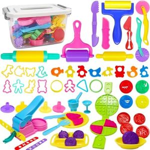Qiolaki 53 Pcs Dough Tools Set, Waffle & Cutlery Set, Storage Box, Ages 3+ | Includes 24 molds, 9 roll/cut tools, 13 waffle/cutlery pieces and 7 extruder components. Storage box included. No dough.