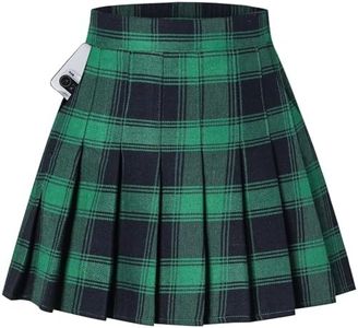 SANGTREE Women Girls Pleated Skirts with Shorts, Elastic Waist Uniform Plus Size Tennis Casual Skirt, 2 Years - US 4XL, Plaid- Classic Green, Small