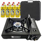 Portable Gas Cooker Camp Stove + 8 Butane Gas Canisters - For Outdoor Camping, Fishing, Cooking & BBQ | Premium Burner, Automatic Ignition & Heat Control, EN417 Compliant - Black Grill & Carry Case