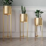 AL Zahra IMPEX Metal Floor Flower Stands Tall Indoor Plant Stand with Planter Pot (Gold) - Set of 3 Metal Indoor Flower Pot Stand Plant Stand for Living Room Décor Size 25X22X20 Inches