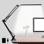 LED Desk Lamp, Adjustable Swing Arm Lamp with Clamp, Eye-Caring Reading Light, 10 Brightness Levels, 3 Lighting Modes, Memory Function Lamps for Home Office Adapter (Black)