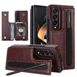 XIMAND for Samsung Galaxy Z Fold 3 Wallet Case with Credit Card Holder and S-Pen Holder,Fold Premium Leather Magnetic Clasp Kickstand Heavy Duty Protective Cover.(Brown)