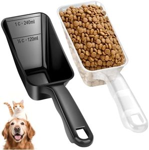 2-Pack Dog Food Scoop 1 Cup, Plastic Pet Food Measuring Scoop With Measuring Lines (1/2 & 1 Cup Markings) for Dogs, Cats, Fish, Bird（Black and Transparent)（Black)
