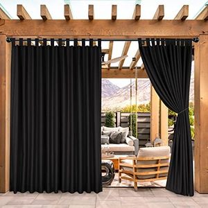 BONZER Outdoor Waterproof Curtains for Patio, Wide Tab Top Sunlight Blocking Outside Curtains for Porch, Pergola, Gazebo, Cabana, 1 Panel, 100x120 Inch, Black