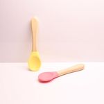 THE LITTLE LOOKERS Silicone Spoon with Bamboo Handle, BPA Free Feeding Spoons for Baby/Kids/Toddlers - Pink & Yellow (Pack of 2)