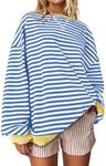 UEU Womens Oversized Long Sleeve Crewneck Sweatshirts Comfy Lightweight Pullover Sweatshirt Blue Striped Large