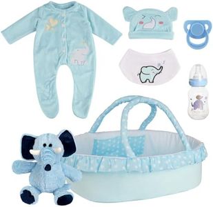 BABESIDE 7 Pcs Reborn Baby Doll Clothes Set with Bassinet for 17-22 Inch Babydolls, Cute Dolls Clothes with Hat Bottle and Elephant Toy for Reborn Baby Doll Accessories, Blue
