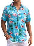 EISHOPEER Men's Hawaiian Floral Shirts Cotton Linen Button Down Tropical Holiday Beach Shirts Sky Blue Flamingo Medium