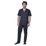 FRENCH TERRAIN® UNISEX POLYESTER COTTON V-NECK SCRUB SUIT, IDEAL FOR DOCTORS & HEALTHCARE PROFESSIONALS, TRIPLE STITCH TOP WITH 2 POCKETS, BOTTOM ELASTICATED WAIST W/DRAWSTRING (3XL_BLACK)