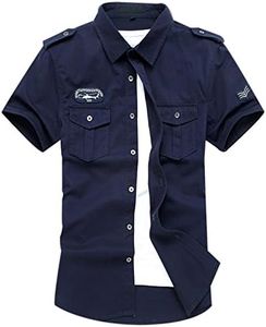 Gihuo Men Shirt Short Sleeve Military Button Down Army Tactical Shirt Utility Cargo Work Uniform Shirt Tops (Medium, Navy)