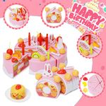 75PCS Birthday Cake Toy Cutting Decorating Birthday Cake Kitchen Pretend Toys Party Role Play Food Sets with Removable Candles Fruit Ice Cream Biscuits Candy Gift for Girls Boys Aged 3+