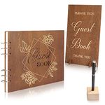 Creawoo Wooden Wedding Guest Book Reception Sign in Guestbook with Table Sign, Pen & Holder, Hardcover Memory Registry Photo Album with 90 White Pages for Wedding, Baby Shower, Birthday-11 x 8.5"