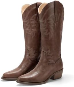 Coutgo Womens Cowboy Boots Mid Calf Chunky Heel Embroidered Western Boots