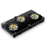 Crompton FlameStar Max 3 Burner Glass Top Gas Stove | 1 Jumbo & 2 Medium Burner | Max Space | Easy Cleaning | Scratch Resistant Toughened Glass| Tri Pin Brass Burners |2 Year Manufacturer's Warranty