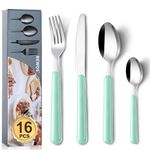 BEWOS 16 Piece Cutlery Set, Service for 4, Kitchen Cutlery Sets,Light Green Forks Knives and Spoons Set, Stainless Steel Flatware Serving Set for Home, Party