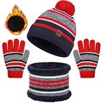 heekpek Winter Beanie Hat Scarf Gloves Set 3 in 1 Thermal Knitted Pompom Stripe Snood Scarf Gloves Set with Double Layer Fleece Lining for Kids Boys Girls 2-7 Year Old(Red)