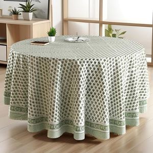 CPC Emerald Green Block Print Cotton Handmade Round Tablecloth 120 Inch Decorative Table Cover for Home Decor, Dinning, Festive, Wedding, Farmhouse Gift for Spring, Mother's Day