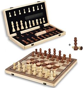 Wooden Travel Chess Set Include Chess & Checkers,Magnetic Portable Folding Chess Set with 2 Extra Queen Pieces,Strategy Board Game Toy for Kids & Adults,Family Party Entertainment Table Board Games