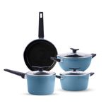 Tramontina Aura Cookware Set of 7 Kadhai 28cm with Lid, Fry Pan 24cm, Sauce Pan 16cm, Casserole 24cm with Lid | Reinforced Ceramic Non-Stick | Low-Oil Cooking | Bakelite Handle |Blueberry