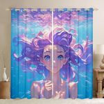 Cartoon Girls 30%-50% Room Darkening Blackout Curtain Boys Girls (2 Panels, W46*L54) Japanese Girl Style Curtains for Bedroom Living Room Kawaii Blackout Curtains Ocean Wave Window Treatments